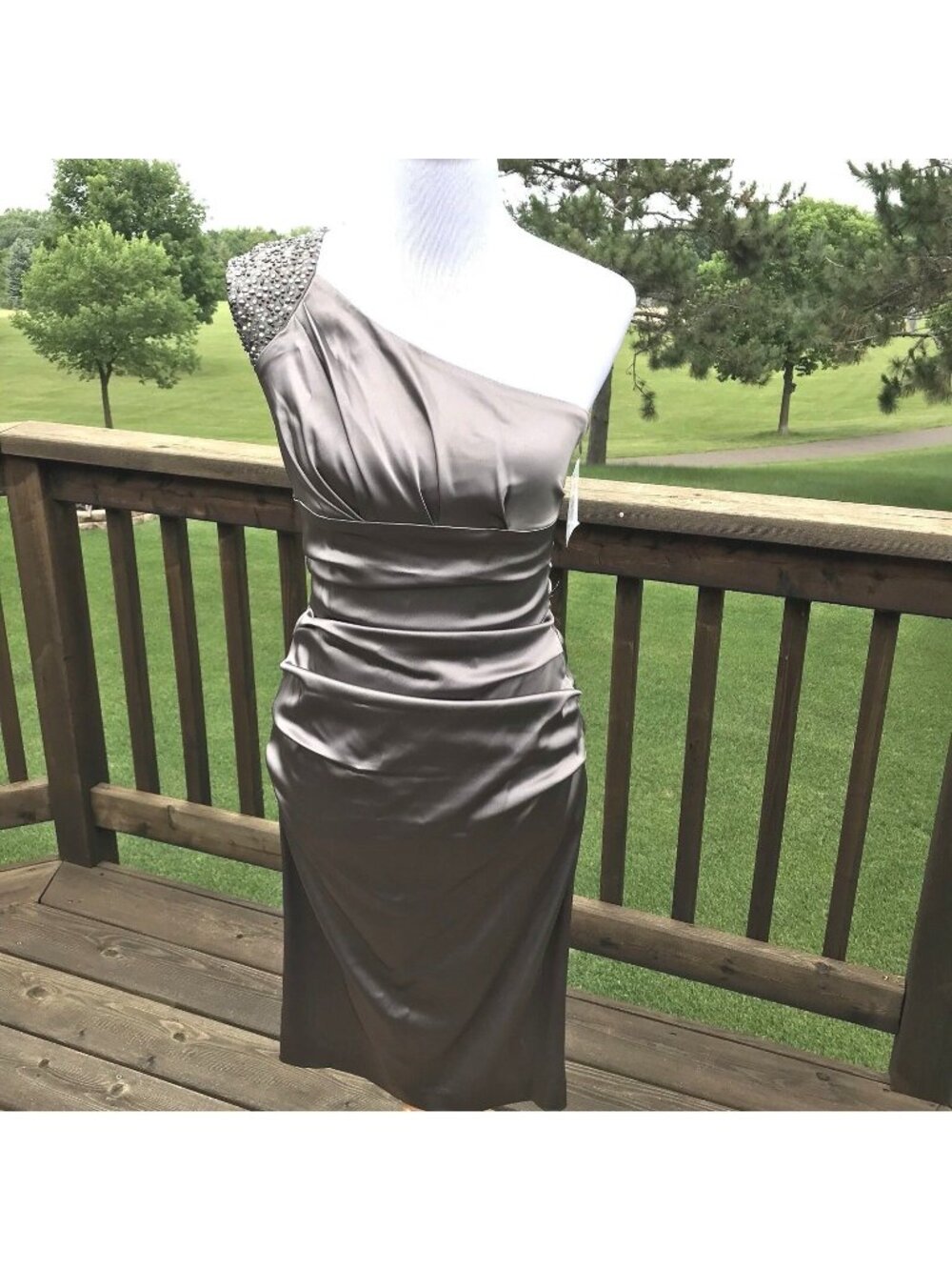 Suzi Chin Maggy One Shoulder Sheath Formal Dress Size 2 Taupe Ruched Embellished